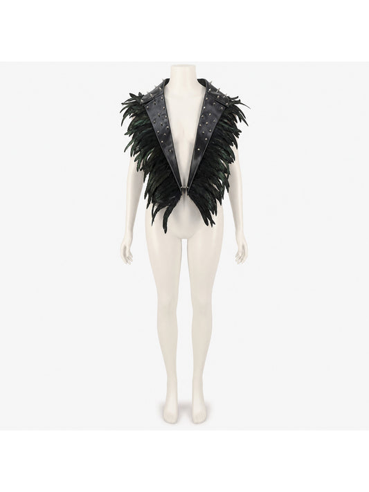 Black Feathered Leather Collar with Pointed Lapels, Metal Studs and Chain