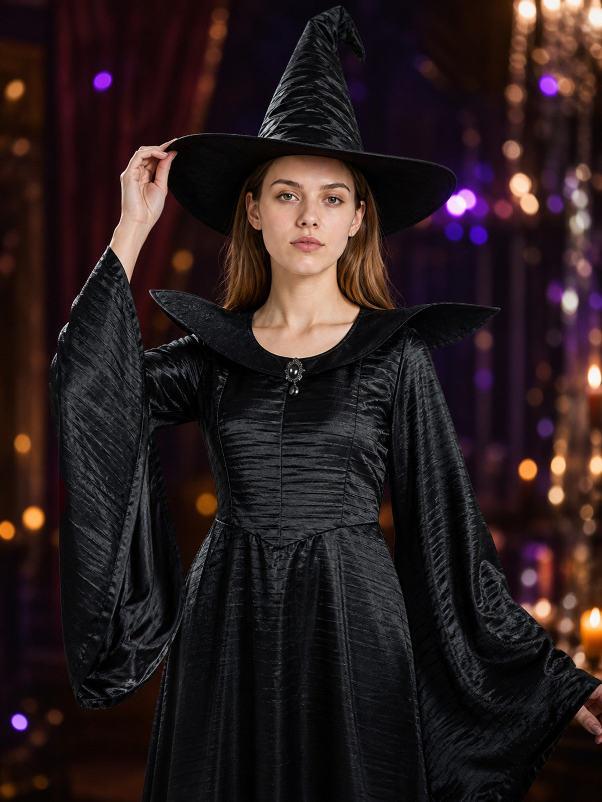 Witch Costume with Long Dress and Hat for Halloween on-model view