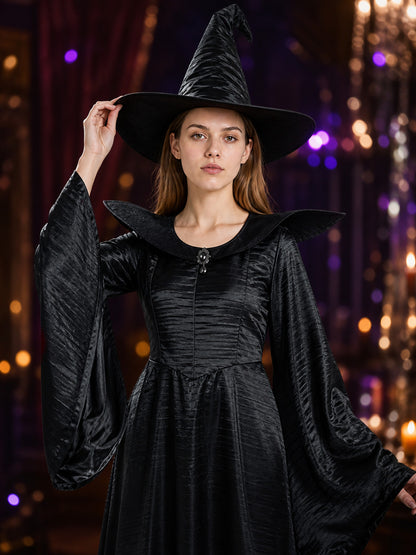 Witch Costume with Long Dress and Hat for Halloween on-model view