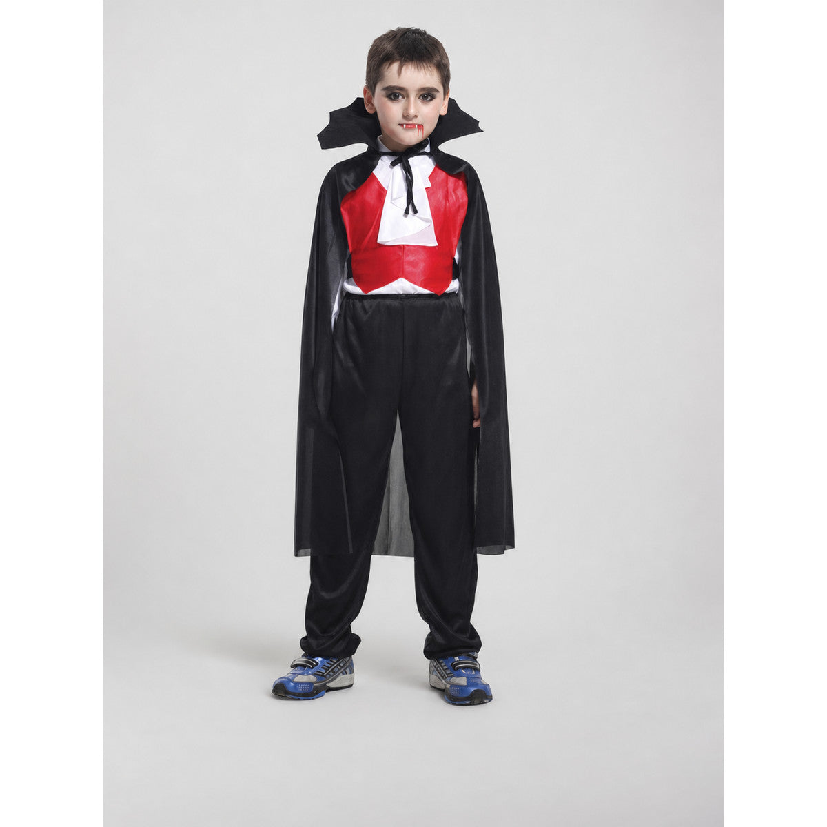 Kids' vampire costume front view: black stand-collar cape, red and white vest top, black pants