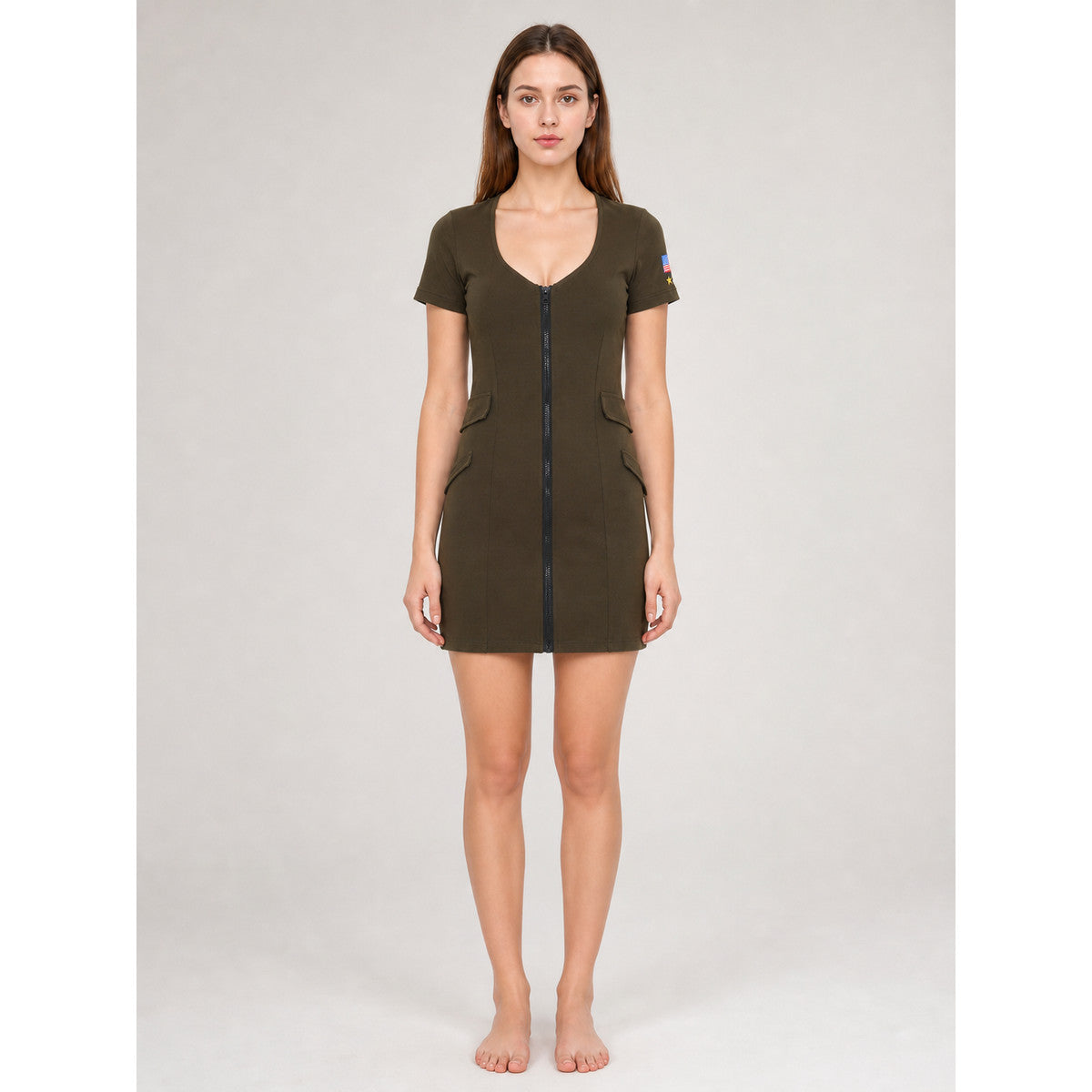 Olive Uniform-Style Dress with Zipper and Patches