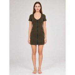 Olive Uniform-Style Dress with Zipper and Patches
