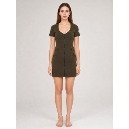 Olive Uniform-Style Dress with Zipper and Patches