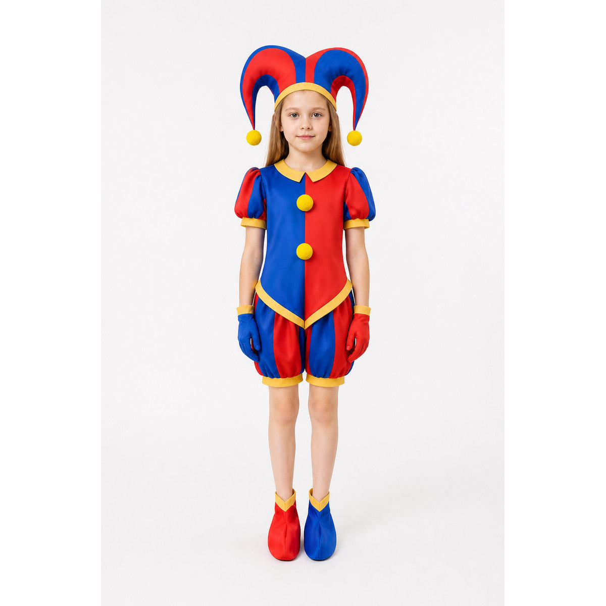 Red-and-Blue Pomni Clown Jumpsuit with Yellow Pom-Poms main product view