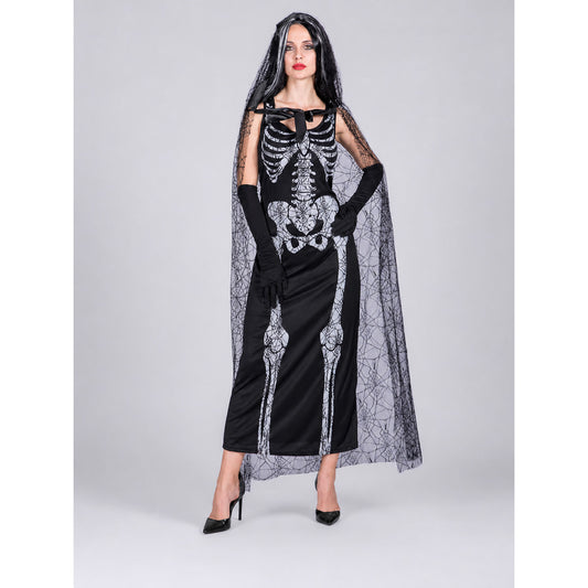 Gothic Halloween costume dress with accessories: a sleeveless black dress with a white rib and pelvic bone print, a sheer cape or veil with a spiderweb design, black gloves, and a necktie or bow detail. The look is done in black and white w