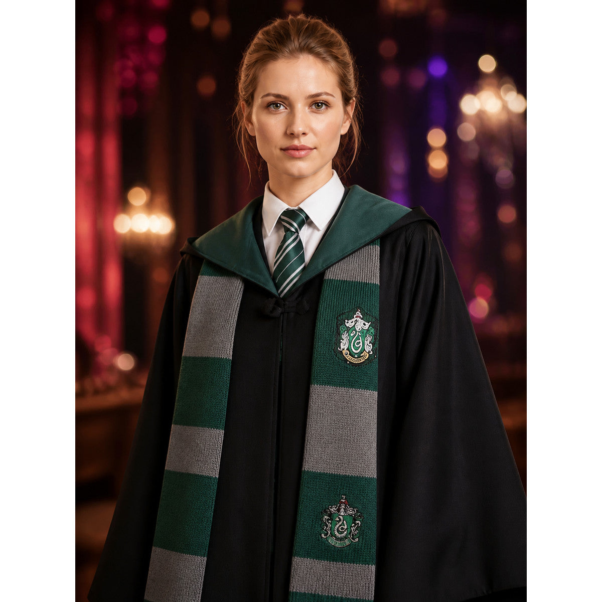Slytherin Wizard Costume Set, Long Black Robe with Tie and Scarf, 3-Piece Outfit on-model view