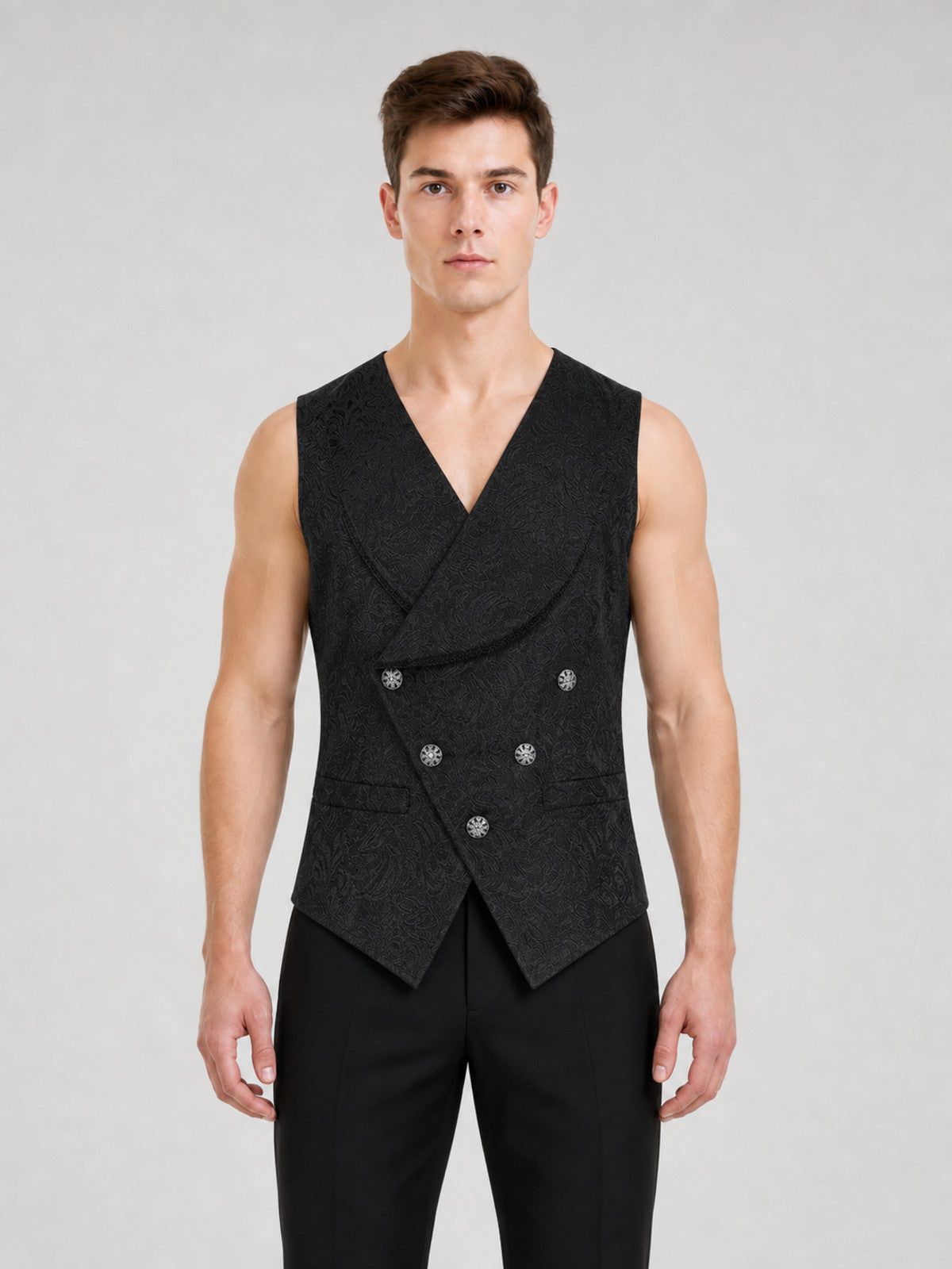 Elegant black sleeveless vest with a jacquard pattern, inspired by vintage on-model view