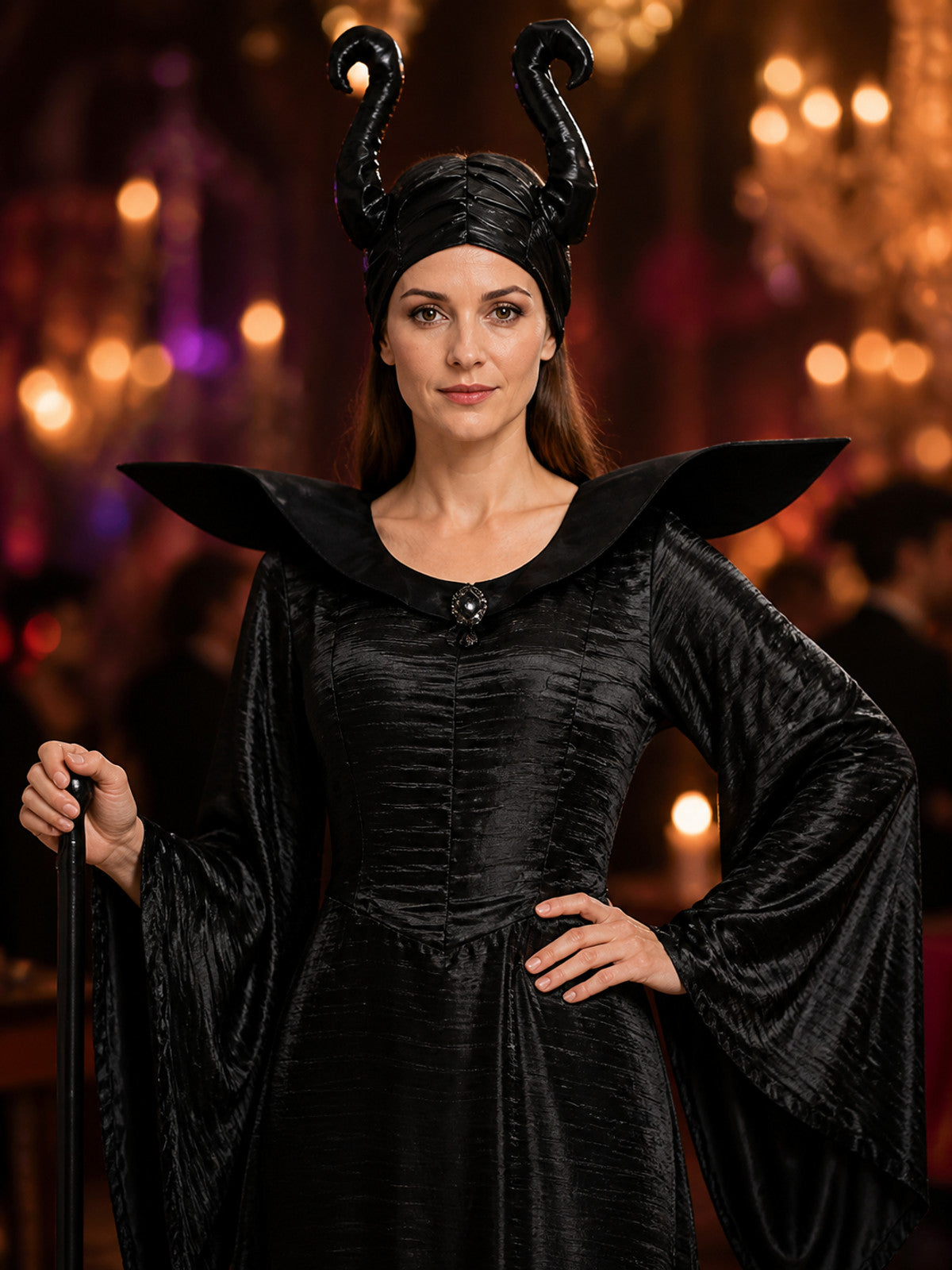 Black Witch Costume Set with Hat, Long Sleeve Flare Dress on-model view
