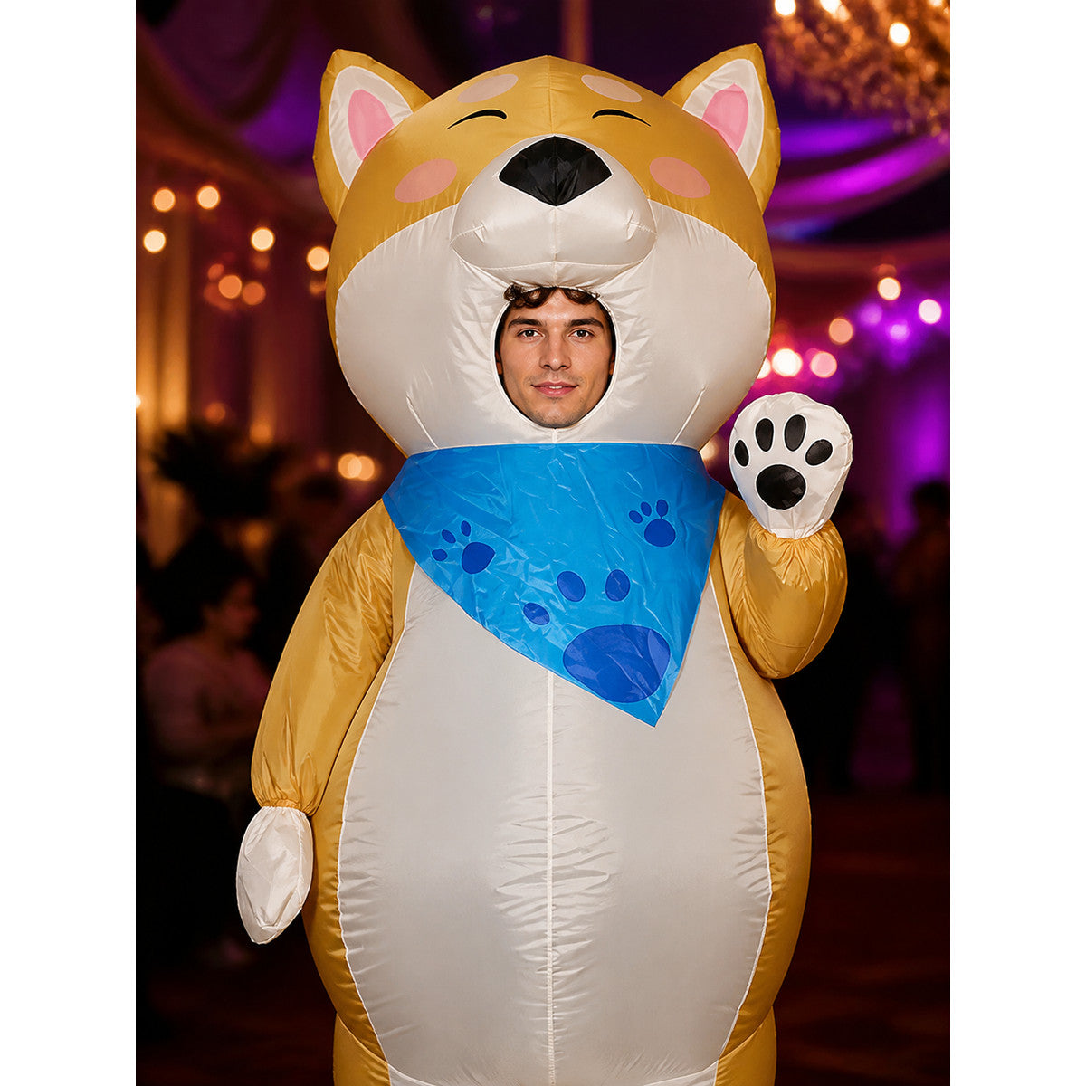 Adult Yellow Cat Inflatable Costume, Animal Suit with Blue Bib and Paw Prints on-model view