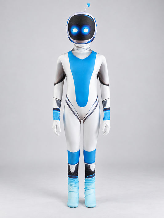 Front view of the white and blue robot jumpsuit costume with printed helmet hood, antenna, gloves and light blue shoe covers