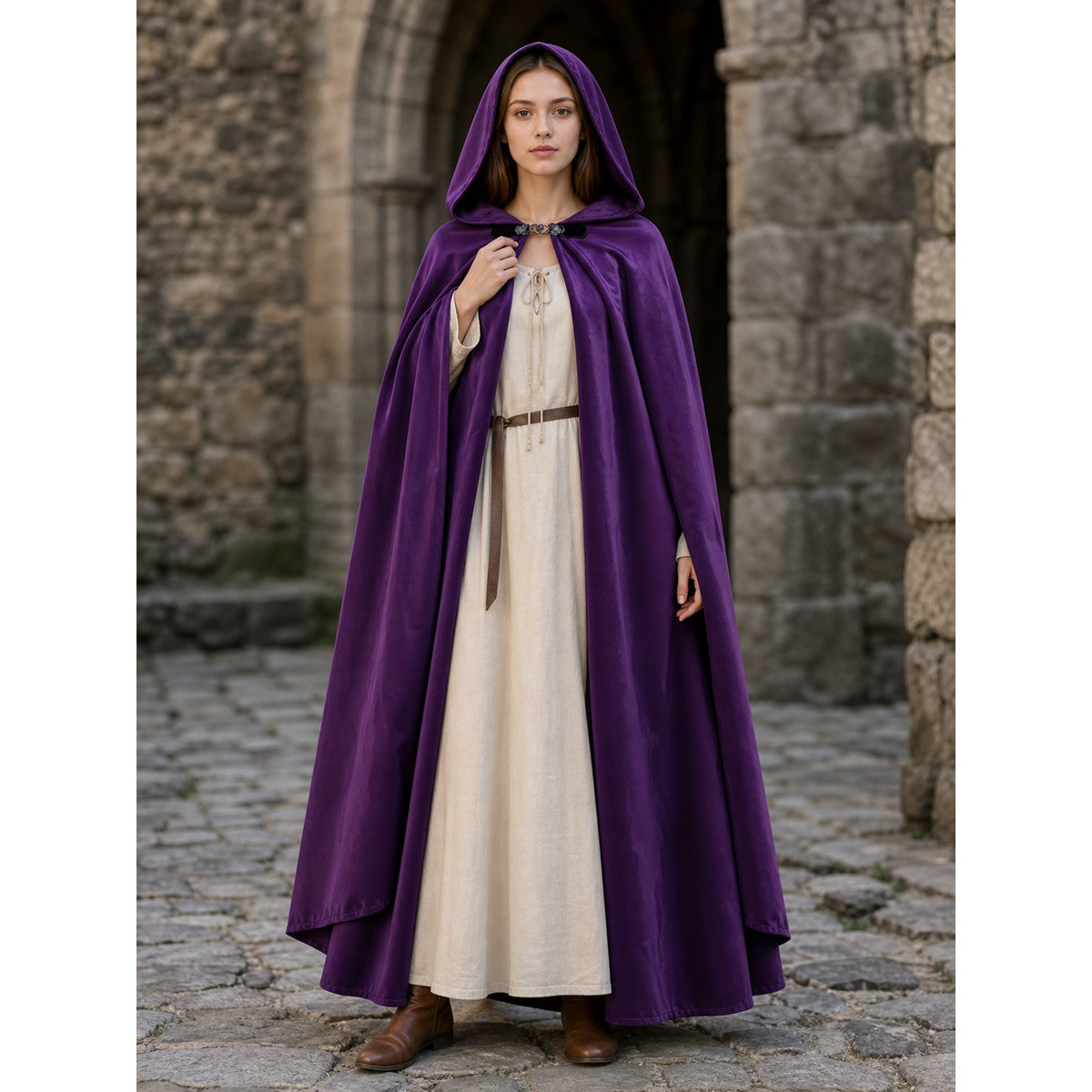 Purple hooded cloak with a smooth sheen, front clasp, and long draped panels shown full-body on a model outdoors