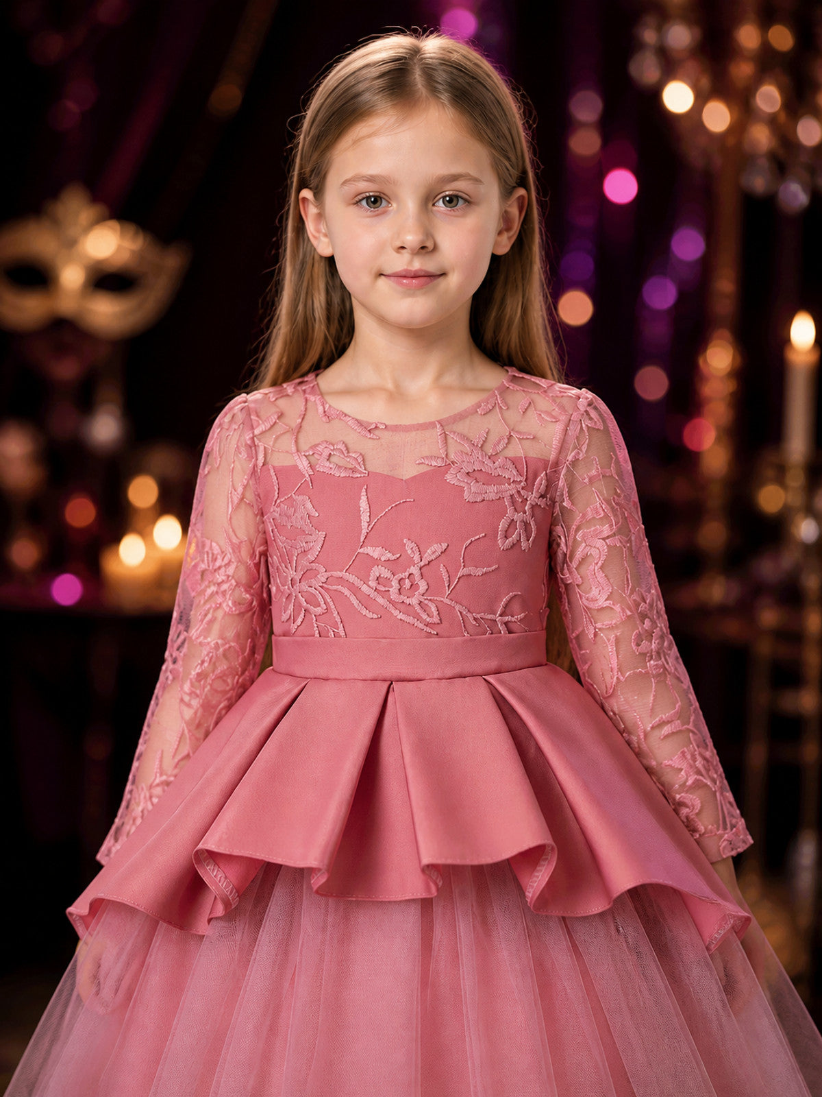 Girls' Pink Princess Flower Girl Baptism Dress, Embroidered Lace Tulle on-model view