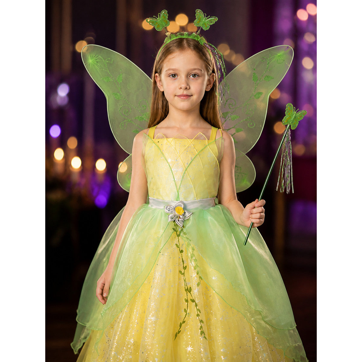 Girls Tinker Bell Fairy Princess Costume Dress Set with Wings & Wand on-model view