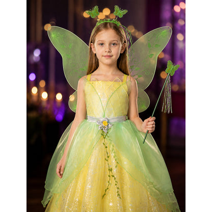 Girls Tinker Bell Fairy Princess Costume Dress Set with Wings & Wand on-model view