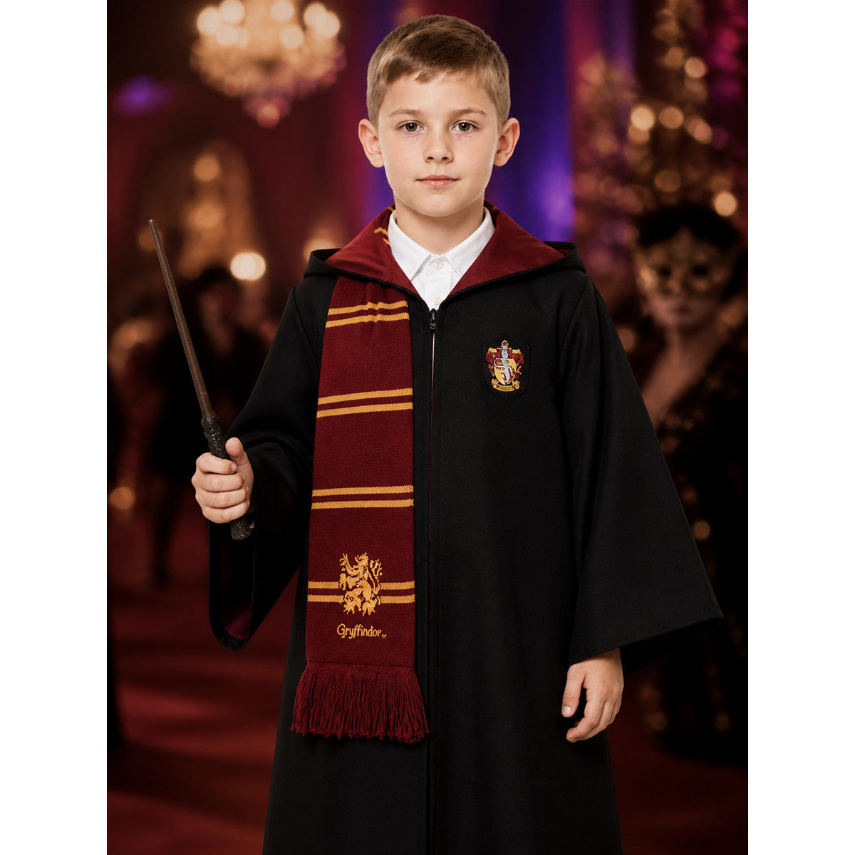 Lion Crest Wizard Robe Costume Set, Hooded Cloak With Scarf, Shirt And Wand