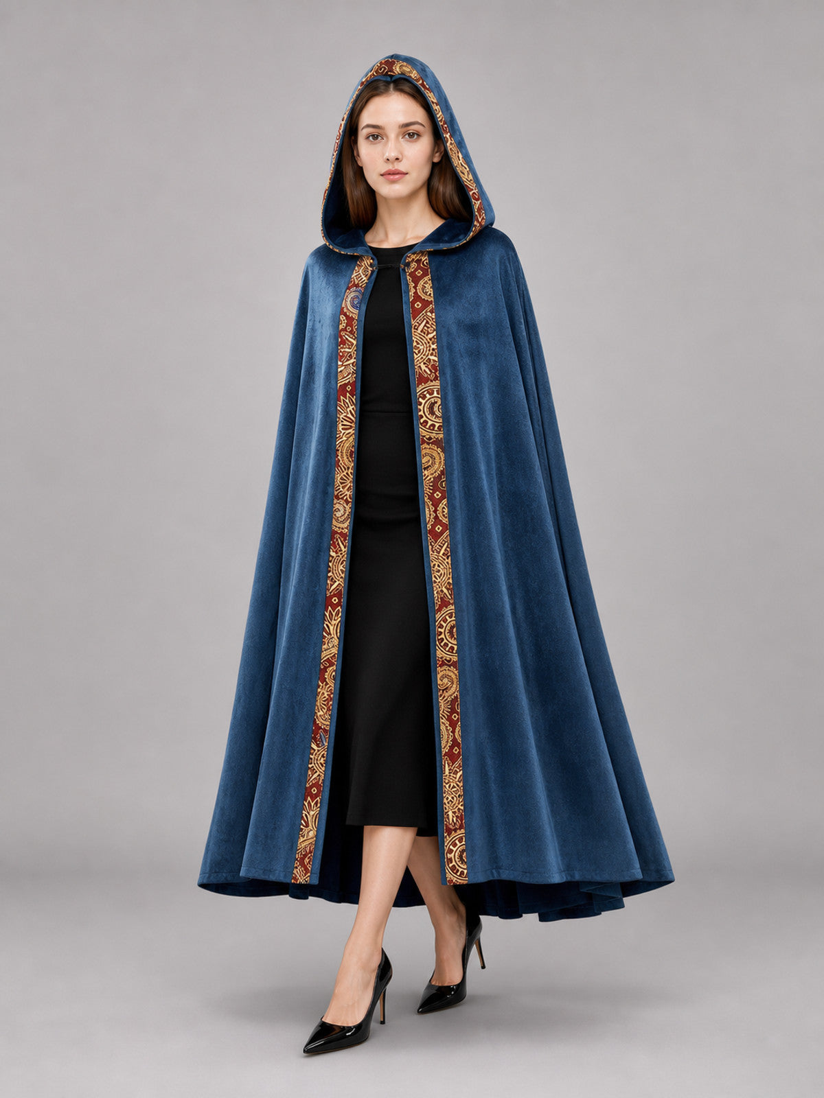 Dark Blue Hooded Costume Cloak front view