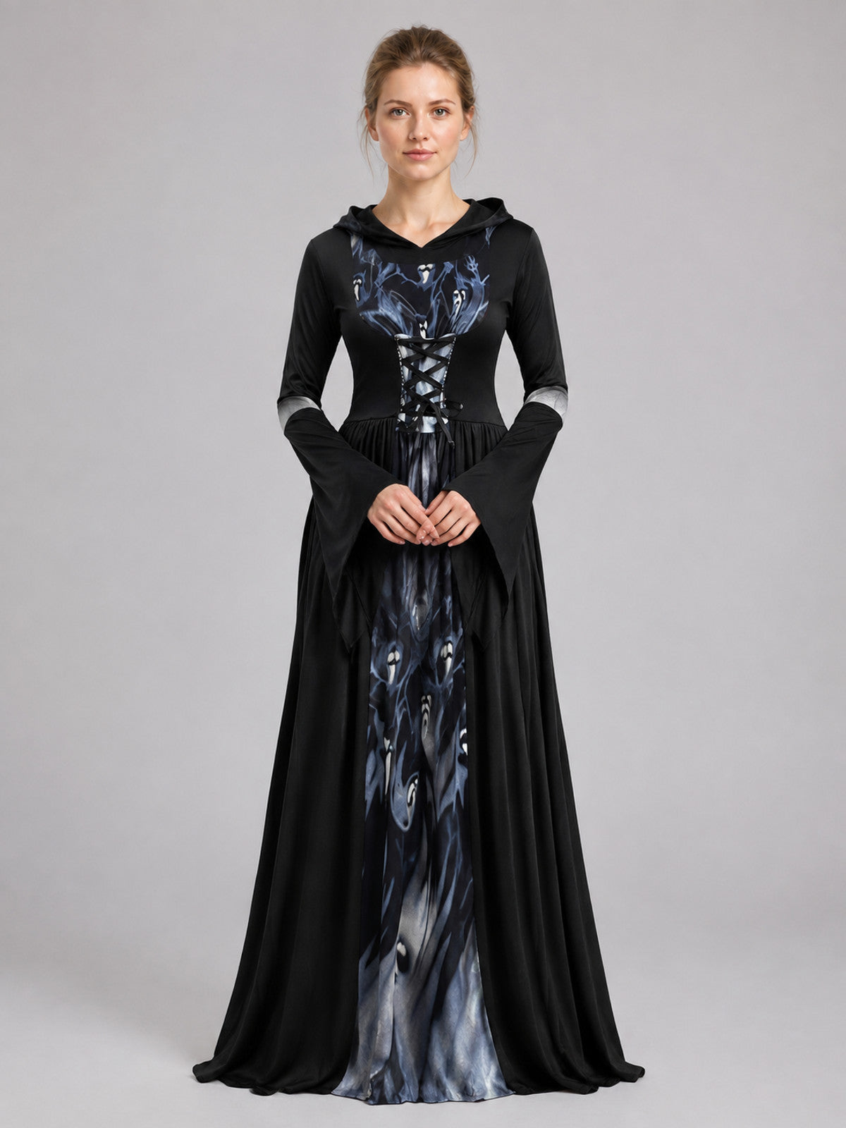 Floor-Length Gothic Hooded Dress with Lace-Up Detail on-model view