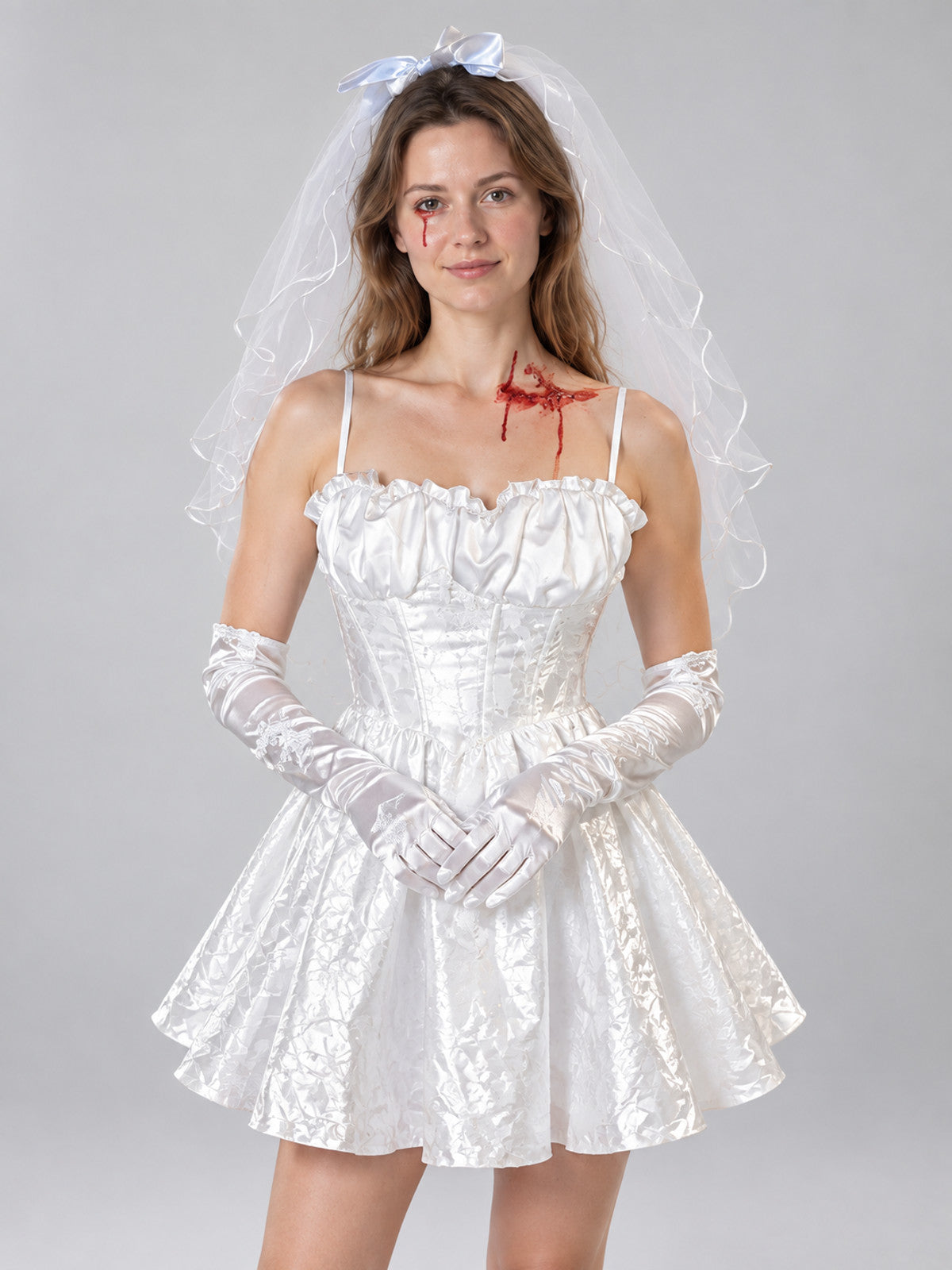 White Halloween Vampire Costume: Veil, Gloves, Blood