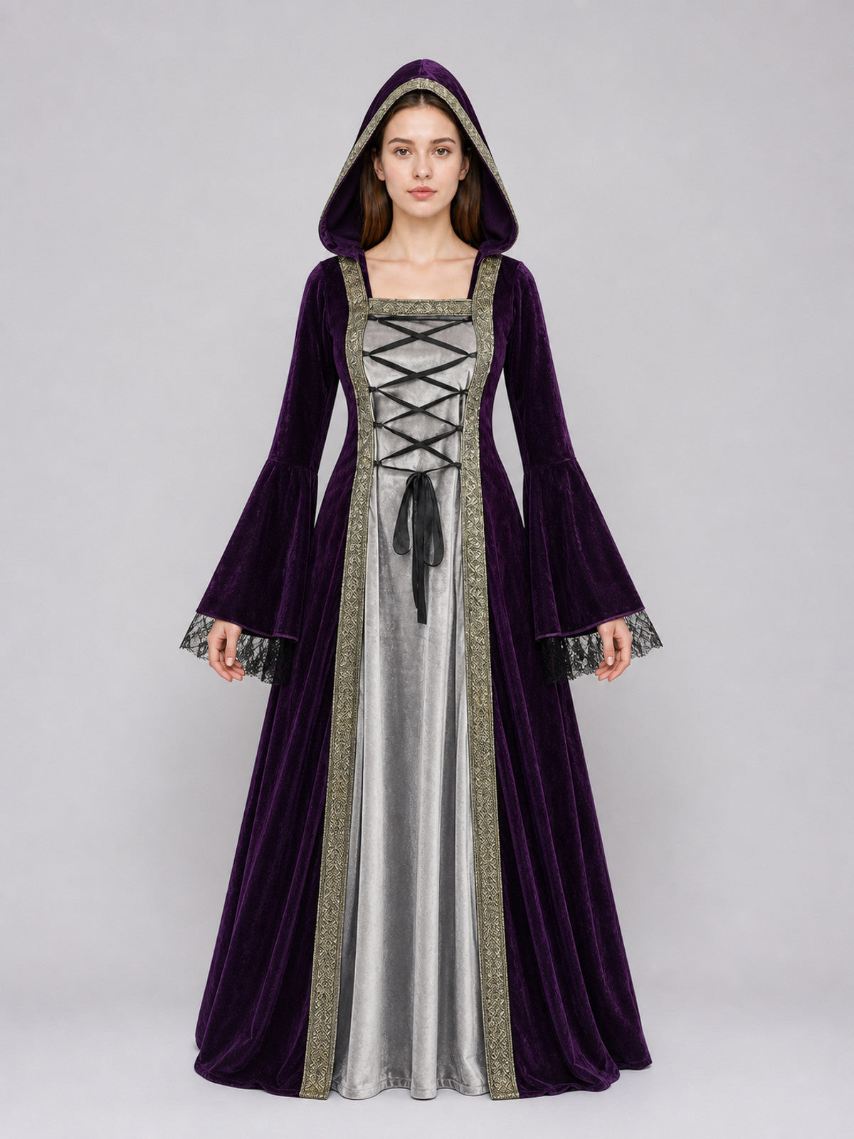 The dress is designed in a Gothic medieval style and features a costume in deep front view