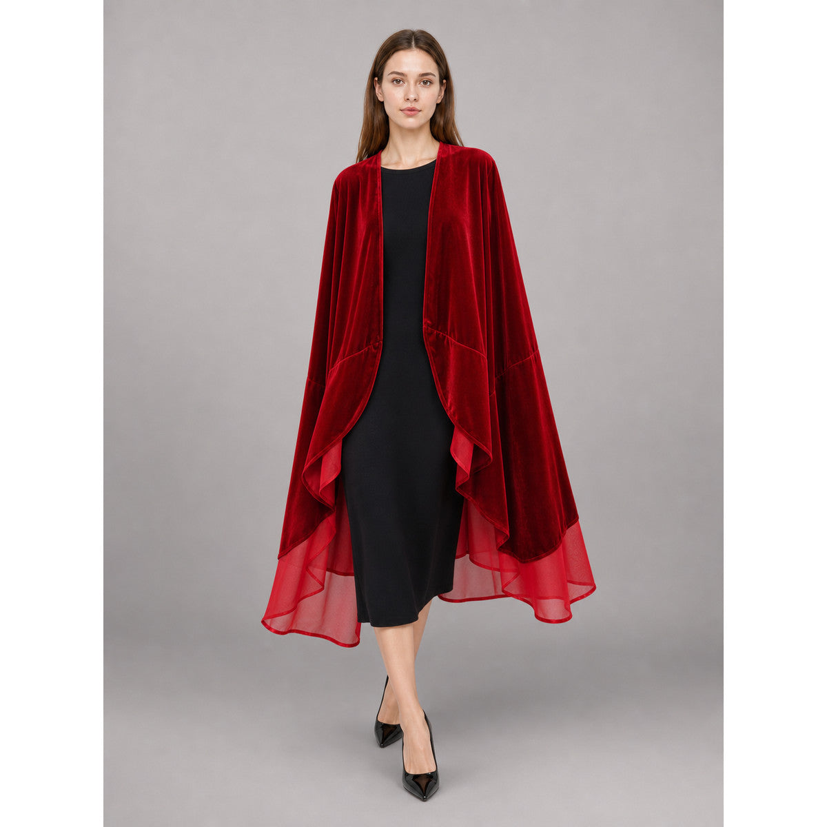 Red carnival cape with long sleeves front view