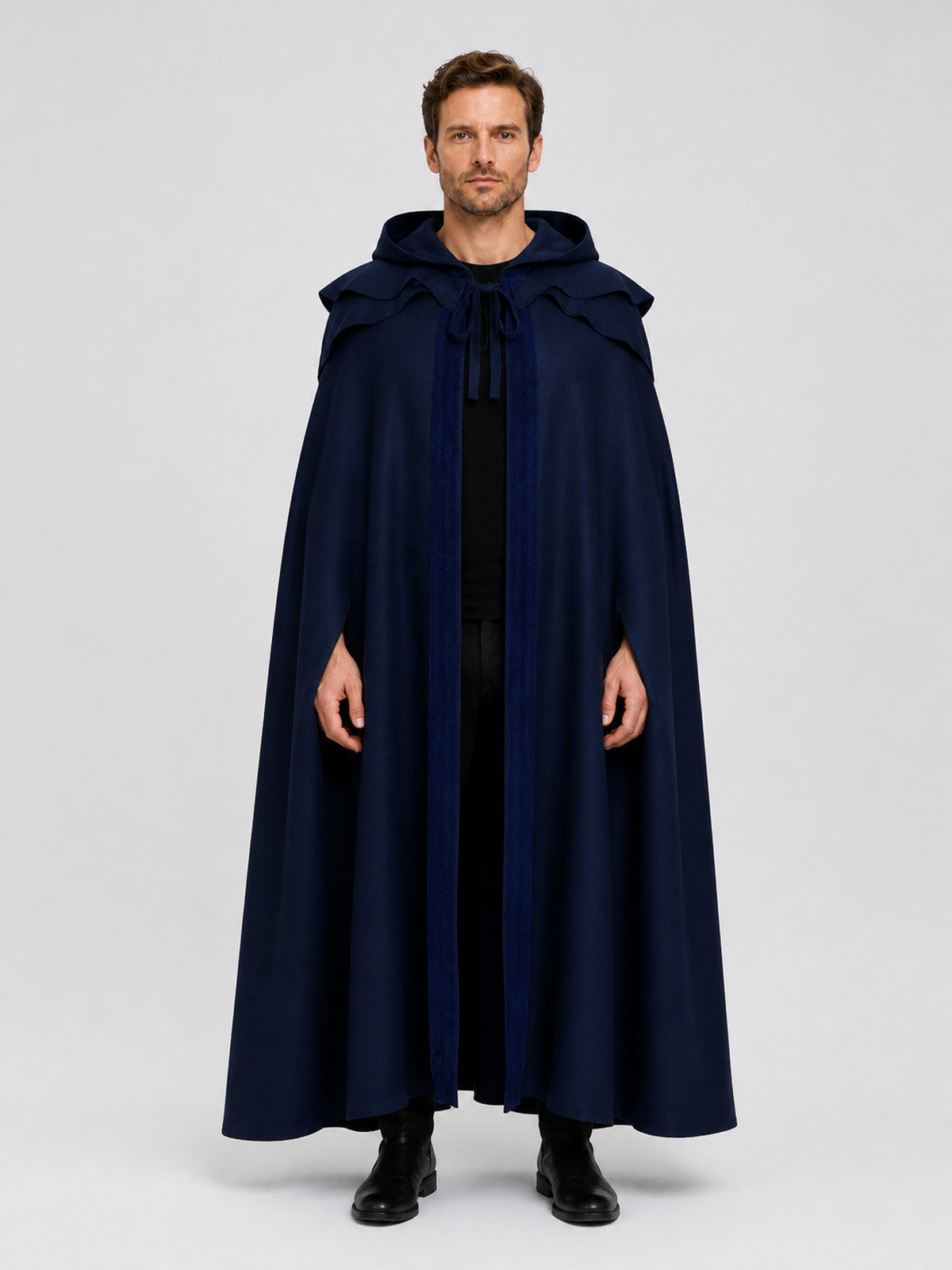 Long Blue Gothic Hooded Cloak with Ties on-model view