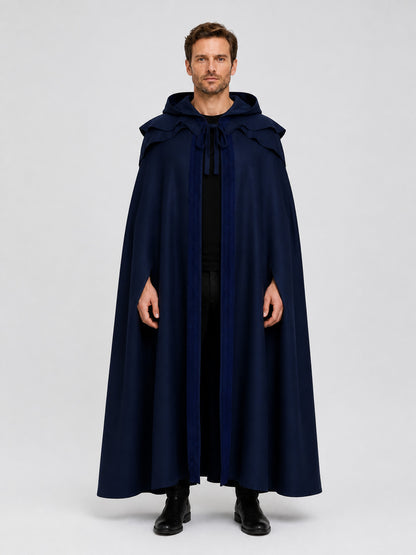 Long Blue Gothic Hooded Cloak with Ties on-model view