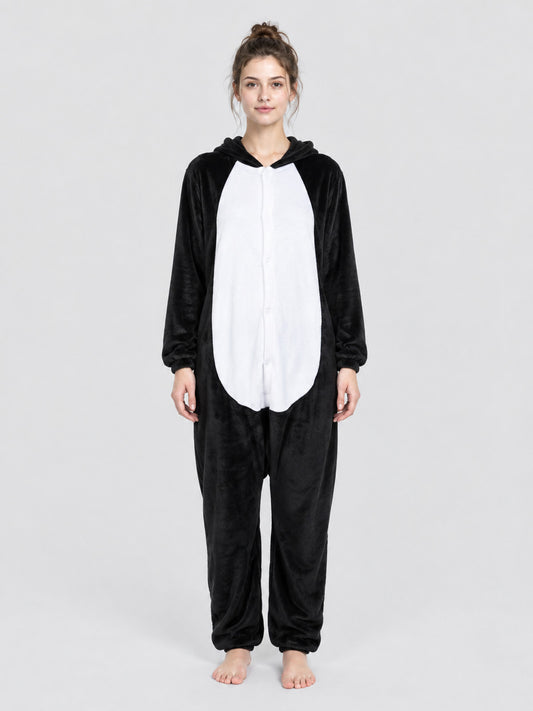 Kigurumi Black and White Cartoon-Style Jumpsuit with Hood