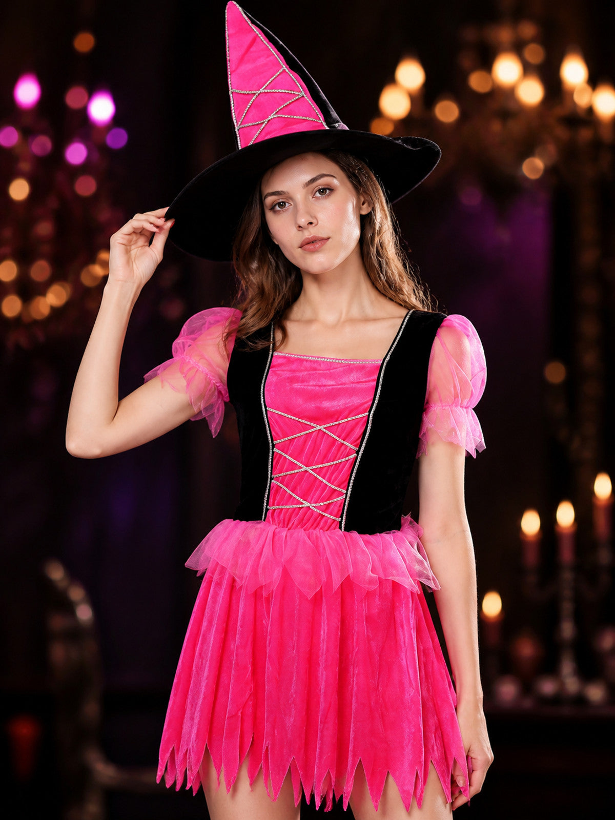 Witch Costume 893 with Hat and Corset for Halloween on-model view