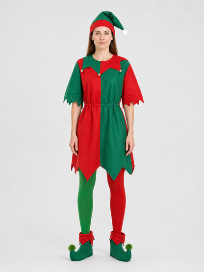 Christmas Elf Costume with Hat, Red and Green on-model view