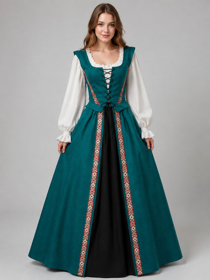 Turquoise Renaissance Dress with Puff Sleeves on-model view