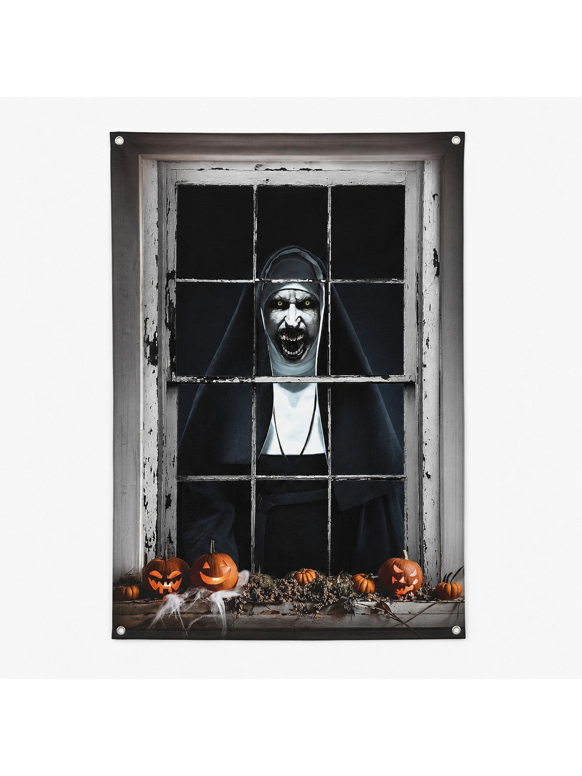 1pc Horror Nun Pattern Wall Cloth, Creepy Window Scene Backdrop Banner, Black