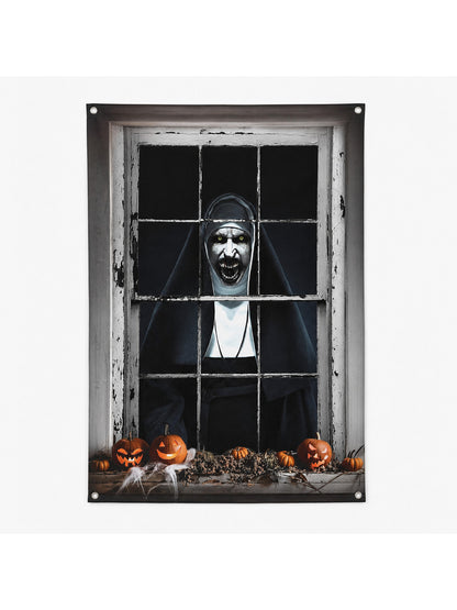 1pc Horror Nun Pattern Wall Cloth, Creepy Window Scene Backdrop Banner, Black