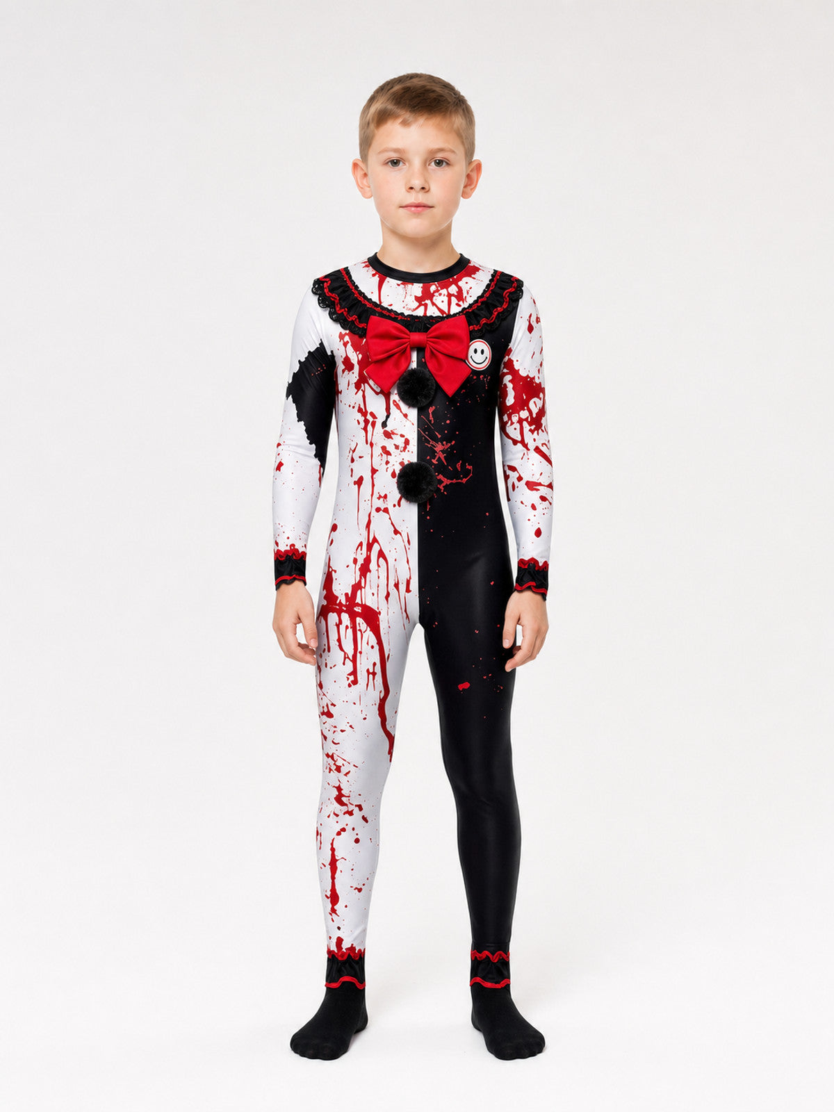 Hooded Creepy Clown Costume with Blood-Splatter Print on-model view