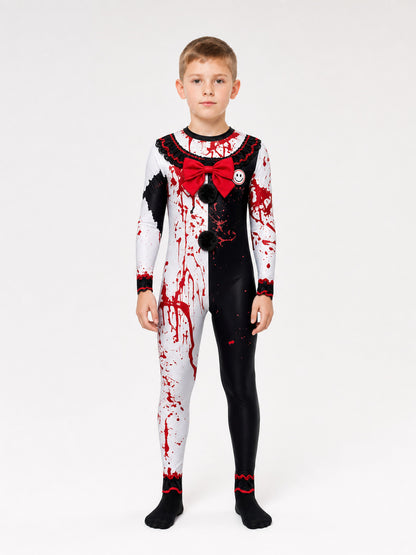Hooded Creepy Clown Costume with Blood-Splatter Print on-model view