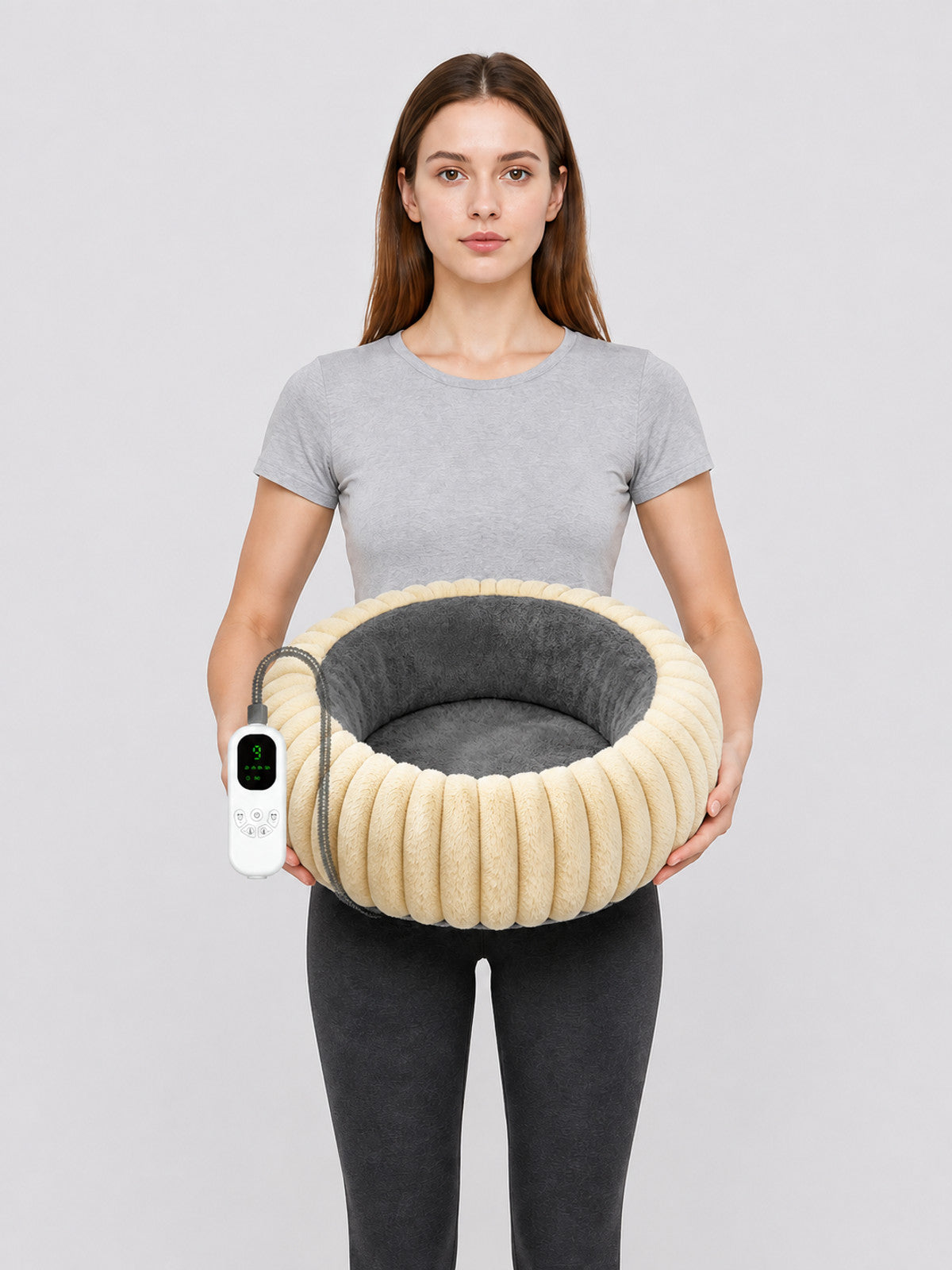 gray round heated pet bed with wired controller product image