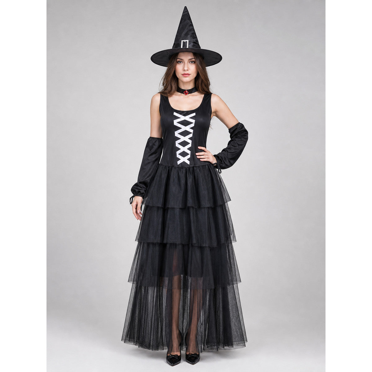 Witch Cosplay Costume with Hat and Layered Skirt
