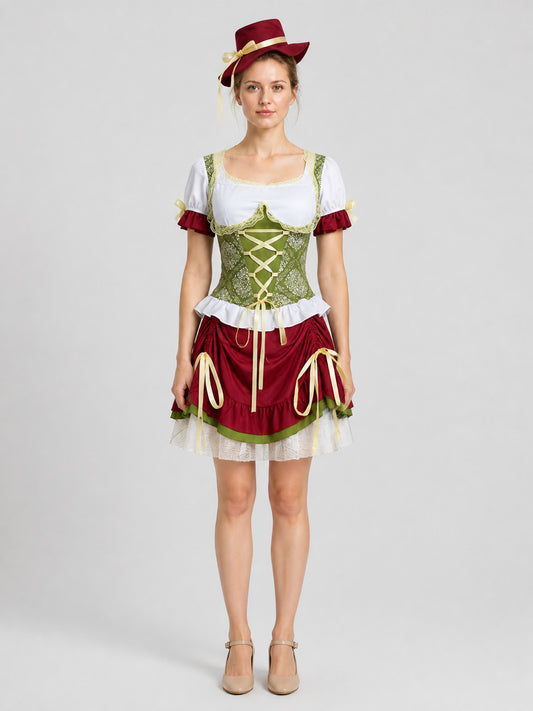 Oktoberfest Costume, Top, Skirt, Hat, and Ribbons on-model view