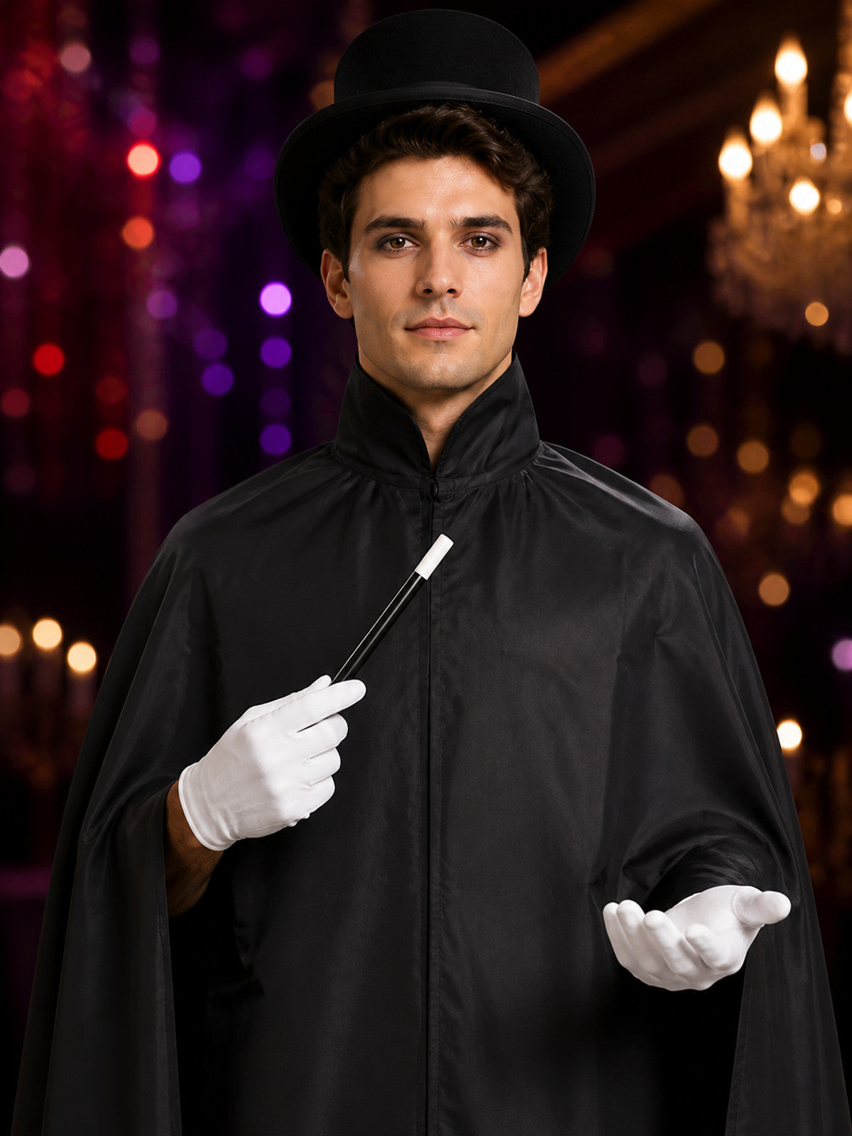 Wizard Halloween Costume Set with Black Cape, Top Hat, Gloves & Magic Wand on-model view