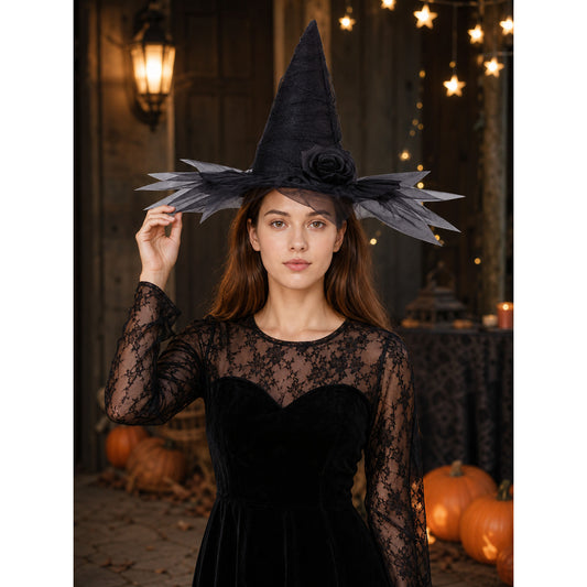 Black Halloween Witch Hat with Black Rose, Tall Pointed Wide Brim Mesh Costume Hat for Gothic Parties and Decorations
