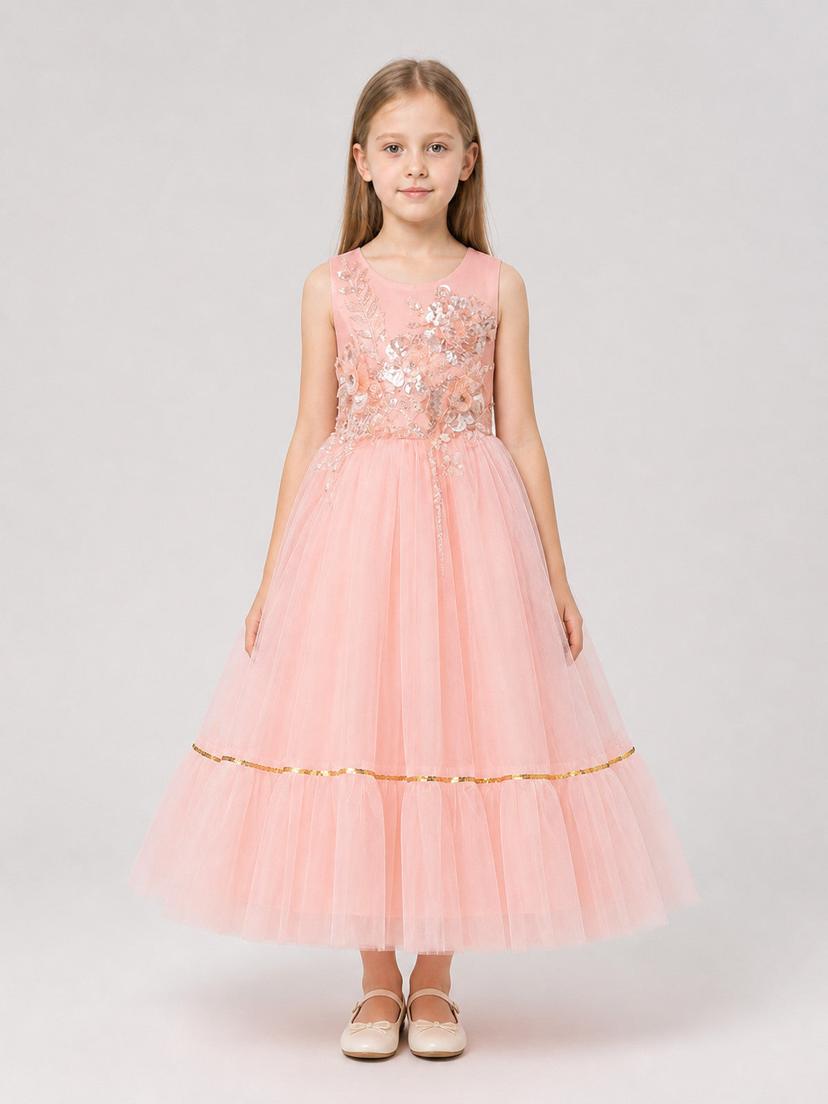 Girls' Full Dress with Embroidery and Sequins on-model view