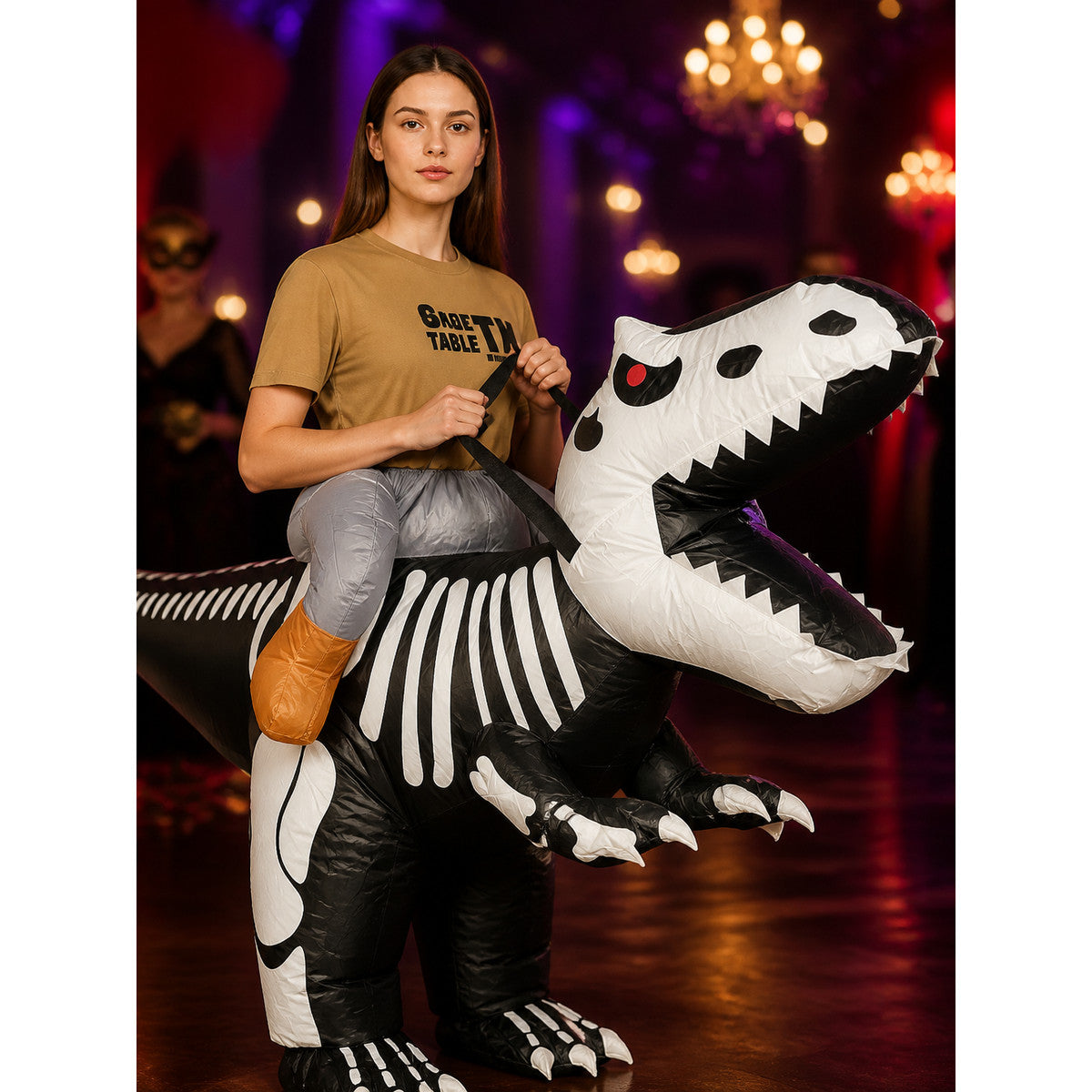 Adult Inflatable Dinosaur Costume, Black and White Skeleton Print for Halloween on-model view