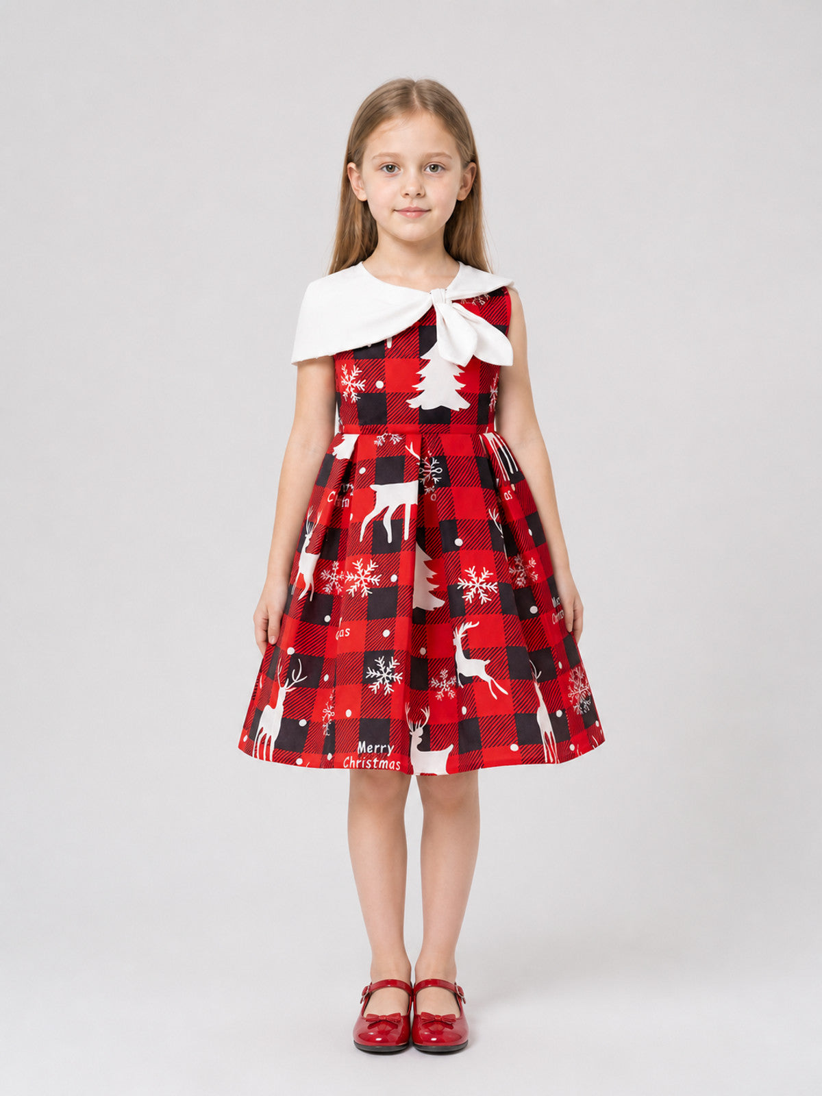 Dressy Christmas Dress, Plaid, Print, Bow on-model view
