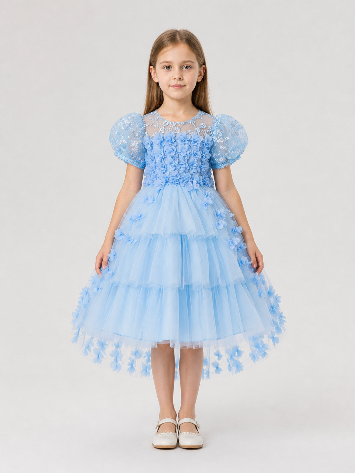 Girls' Dressy Party Dress with a Full Skirt and Flowers on-model view