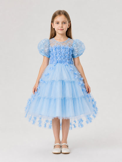 Girls' Dressy Party Dress with a Full Skirt and Flowers on-model view
