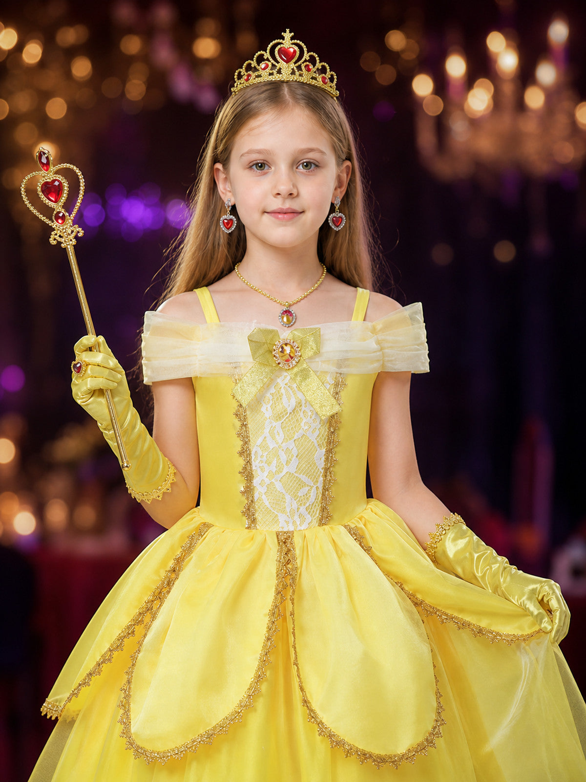 Girls Yellow Princess Off-Shoulder Tutu Dress Costume Set for Halloween on-model view
