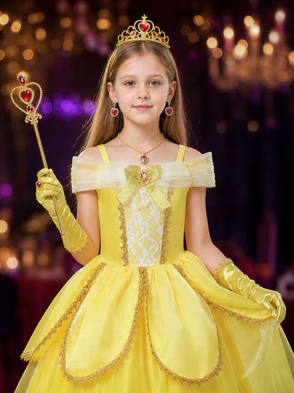 Girls Yellow Princess Off-Shoulder Tutu Dress Costume Set for Halloween on-model view