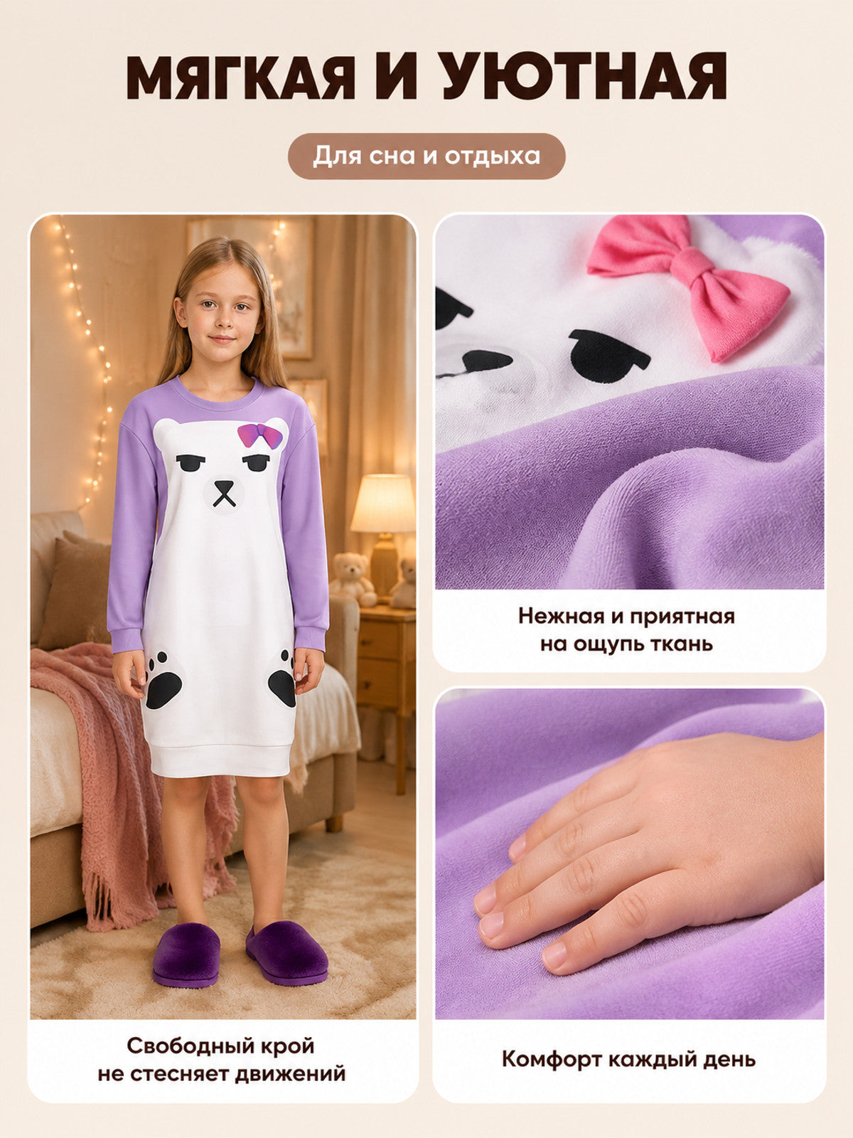 Children’s Purple Pajamas with Bow and Print on-model view