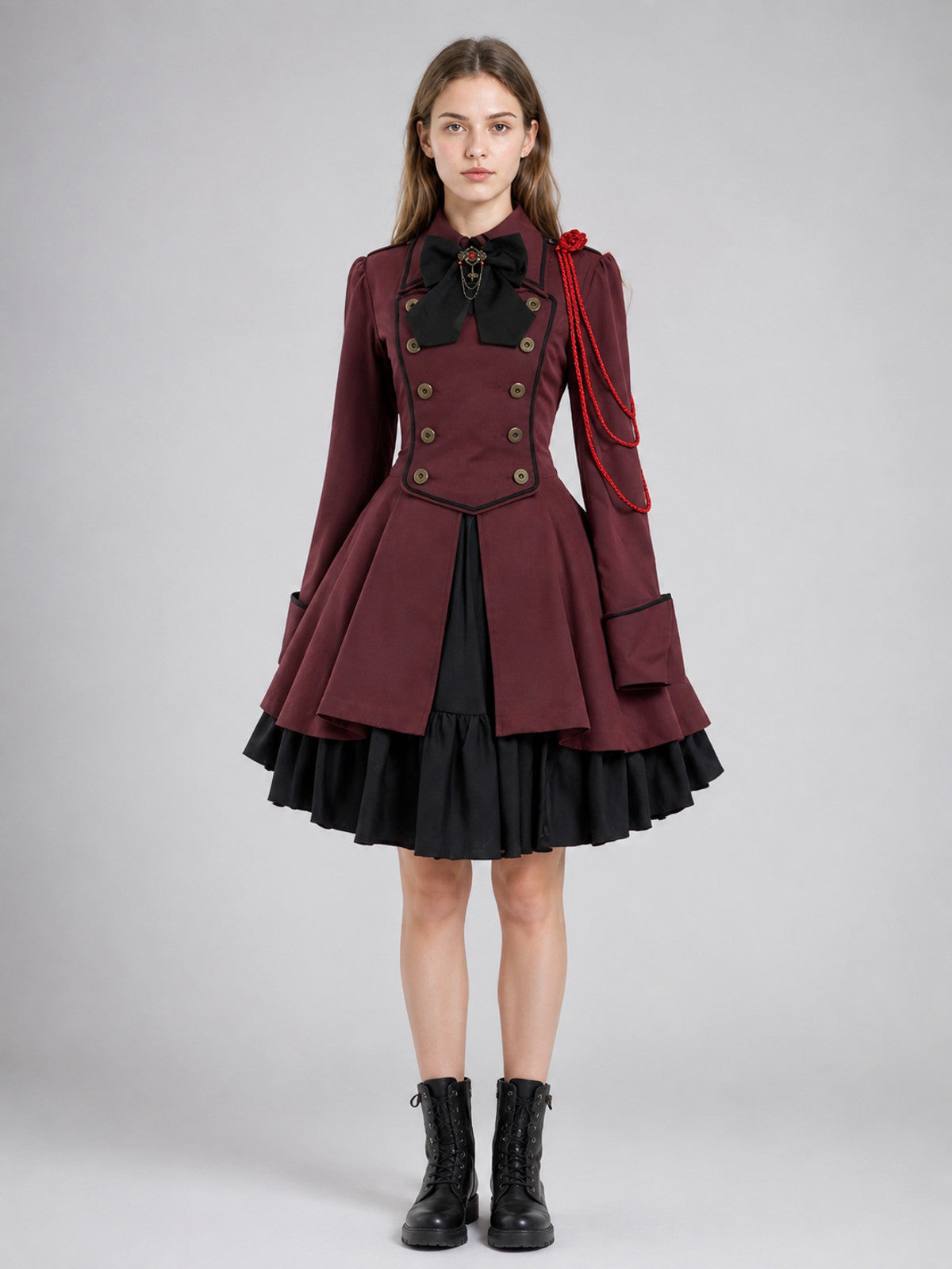 Cosplay Dress with a Black Bow and Flared Skirt on-model view