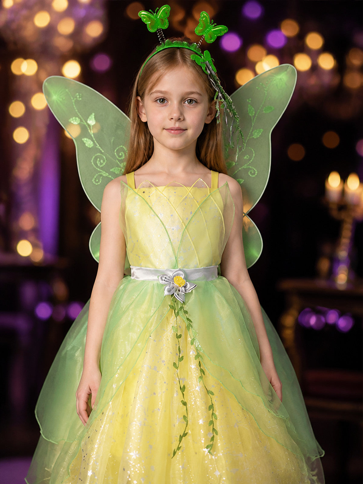 Girls Fairy Princess Dress Costume with Translucent Wings, Green Yellow Ombre