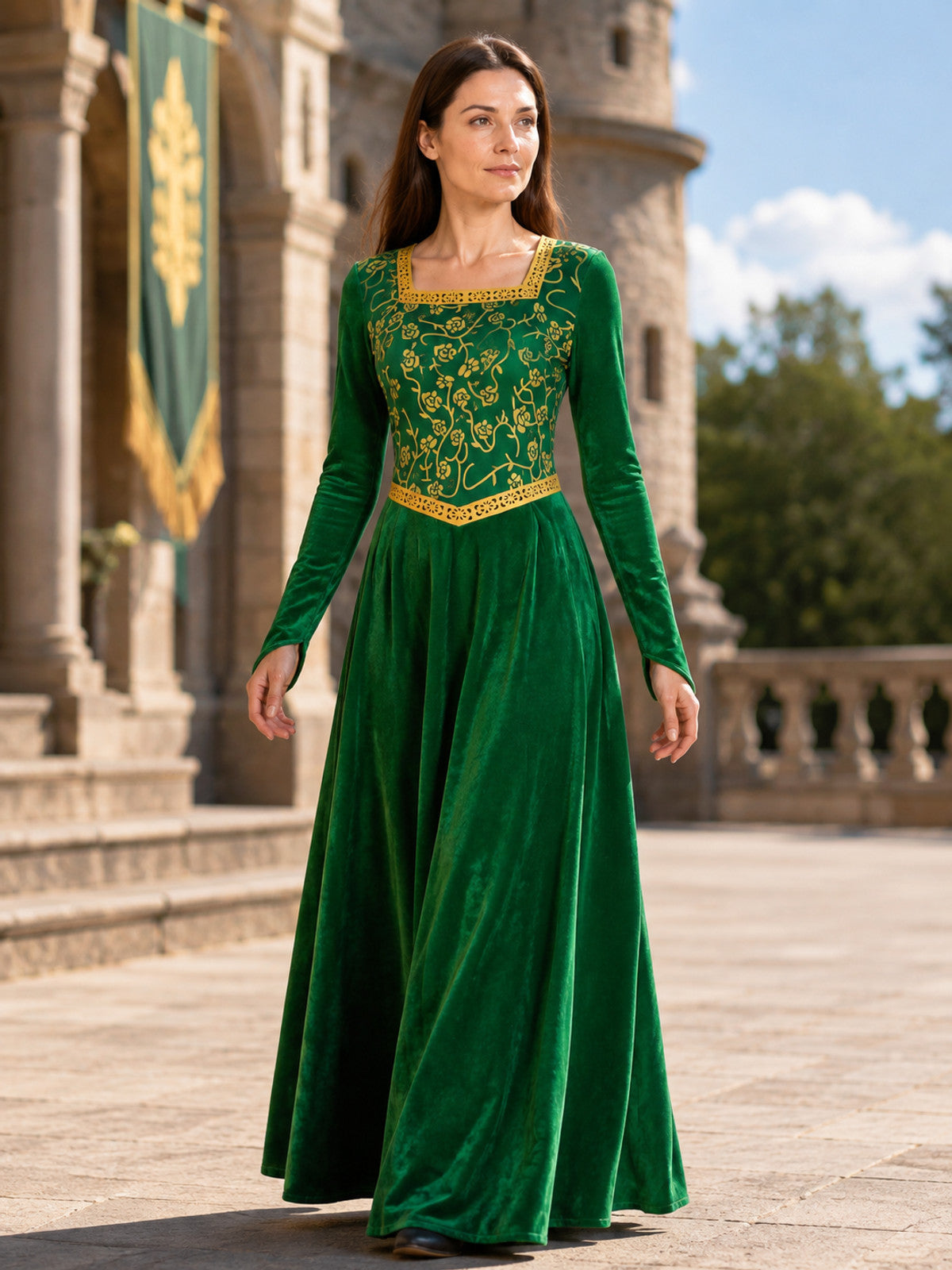 Floor-Length Velour Cosplay Dress with Gold-Tone Trim main product view